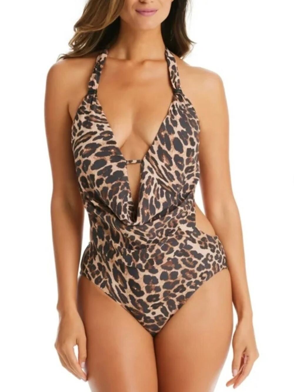 Bar iii Beach Cheetah Cowlneck One Piece Swim Suit S NWT
